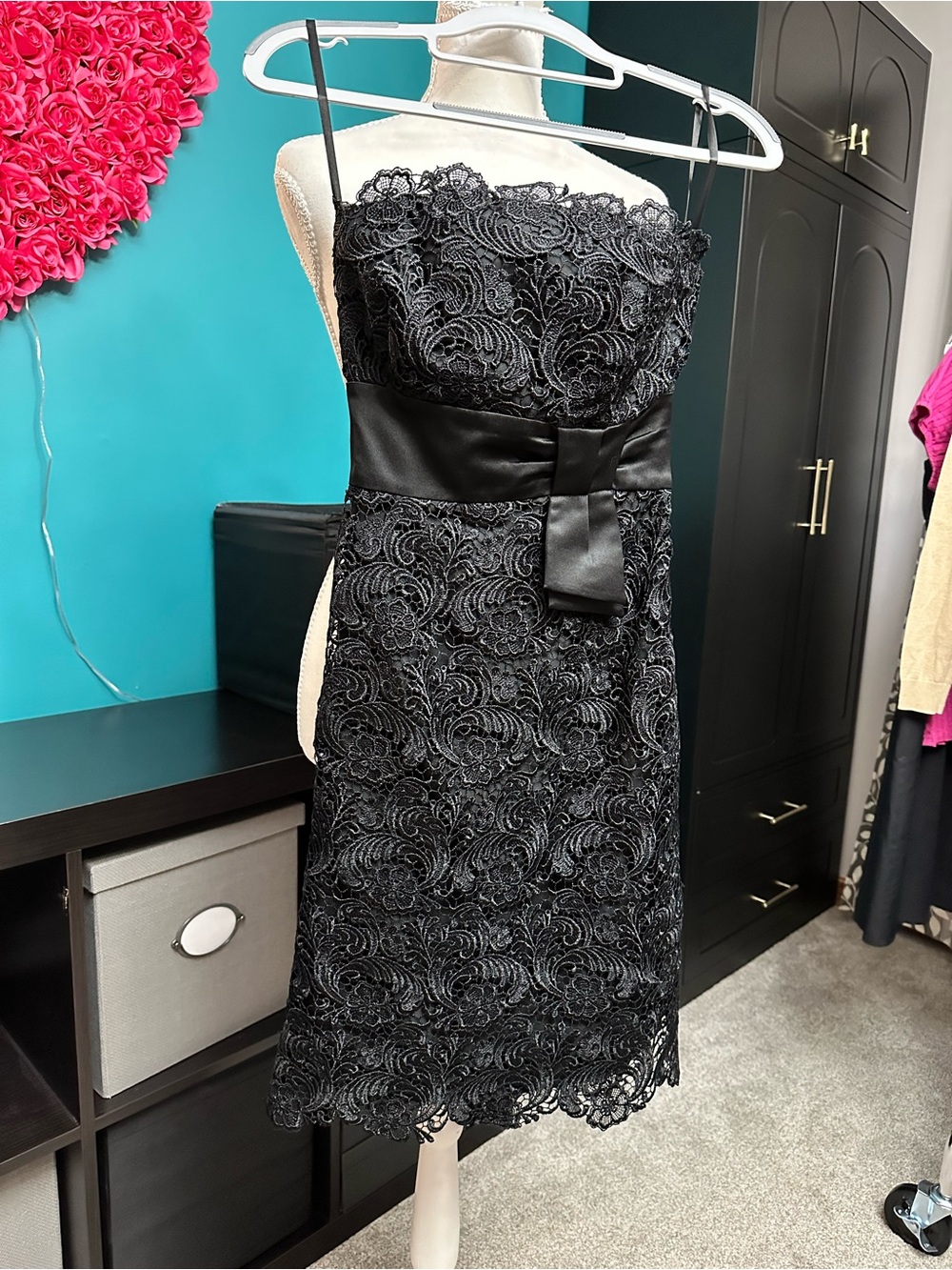 White House Black Market Black Strapless Lace Cocktail Dress with Satin Bow - Picture 2 of 3